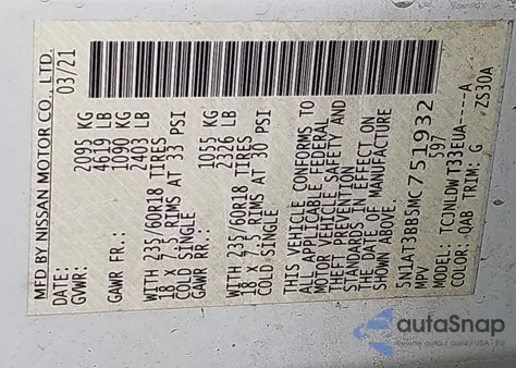 2021 Nissan Rogue Sv Intelligent Awd из США, поврежденный, VIN 5N1AT3BB5MC751932